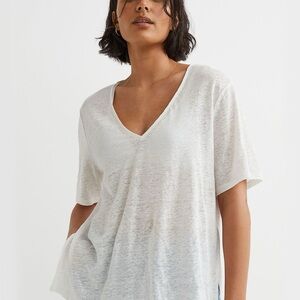 H&M 100% linen White V-Neck Short Sleeve Tee